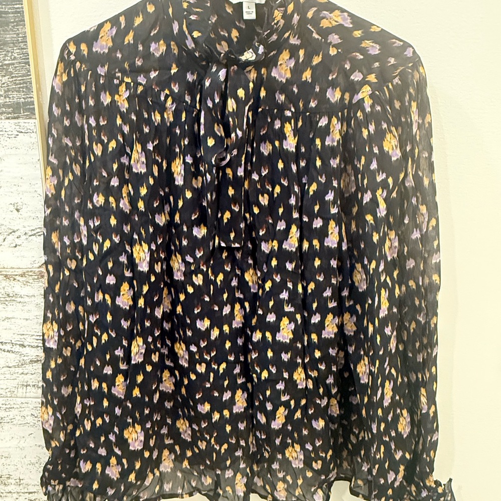 Banana Republic Black Tie-Neck Floral Blouse